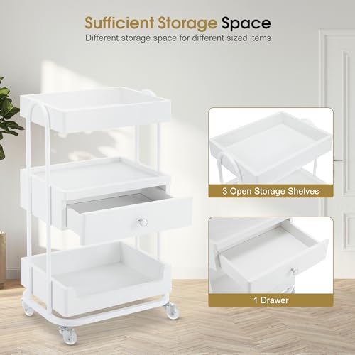 BarberPub 3-Tier Salon Trolley Cart with Drawer, Metal Frame White 2086 - color: White