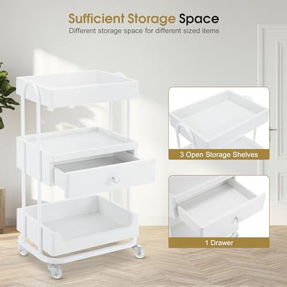 BarberPub 3-Tier Salon Trolley Cart with Drawer, Metal Frame White 2086 - color: White