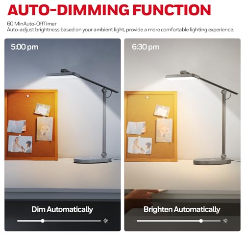 Honeywell HWT-H4 LED Desk Lamp, Eye-Caring, Dimmable, Auto Sensor | CRI97 Sunturalux LED, flicker-free eye care, 3 color temperatures, 5 brightness levels, auto dimming sensor, 60-min timer - color: Gray
