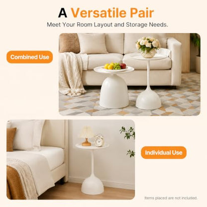Round Nesting End Table Set of 2, White Side Table for Living Room - color: White