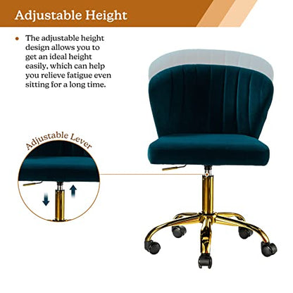 TINA'S HOME Office Desk Chairs with Wheels & Gold Base, Modern Velvet Cute Armless Office Chair, Adjustable Low Back Swivel Rolling Chair, Upholstered Task Chair for Living Room Vanity Study-Teal | Modern Velvet Cute Armless Office Chair, Adjustable Low B