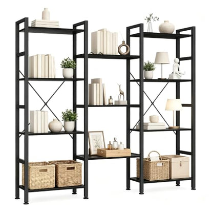 HealSmart Triple Column 4 Tier Bookshelf, Industrial Bookcase with 11 Open Display Adjustable Shelves, Wide Convertible Display Modern Bookshelf for Living Room & Home Office, Black - color: Black, size: 4-Tier＆3-Row