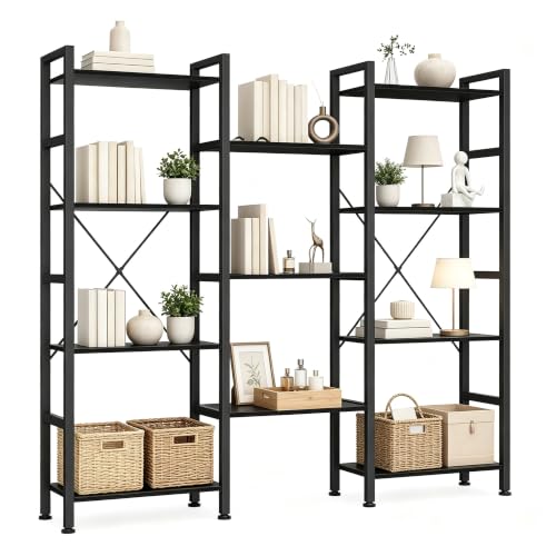 HealSmart Triple Column 4 Tier Bookshelf, Industrial Bookcase with 11 Open Display Adjustable Shelves, Wide Convertible Display Modern Bookshelf for Living Room & Home Office, Black - color: Black, size: 4-Tier＆3-Row