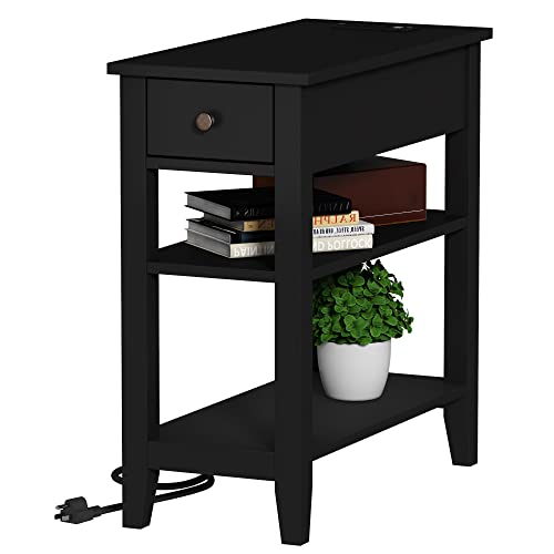 ChooChoo Narrow End Table with Charging Station and Hidden Drawer | Side Table Living Room, USB Ports, Hidden Drawer, 3-Tier Skinny Nightstand, 2 Open Storage Shelves, Small Place, Black - color: Black