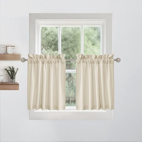 RYB HOME Cafe Curtains 24 inches Length, 2 Panels Kitchen Curtains and Valances Set Faux Linen Blended Shabby Privacy Protect Topper for Kitchen Living Room, Rod Pocket, Linen, W 26 x L 24 inch - color: H-linen, size: 26"W x 24"L (Pack of 2)