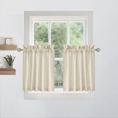 RYB HOME Cafe Curtains 24 inches Length, 2 Panels Kitchen Curtains and Valances Set Faux Linen Blended Shabby Privacy Protect Topper for Kitchen Living Room, Rod Pocket, Linen, W 26 x L 24 inch - color: H-linen, size: 26"W x 24"L (Pack of 2)
