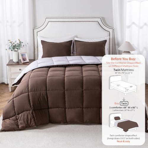 KASENTEX Twin/Twin XL Comforter Set – Reversible Dual Color – Goose Down Alternative – Ultra-Soft, Lightweight, Machine Washable, Maintain Fluffiness, All Season Warmth (Silver Cloud/Chocolate Brown) | 250 GSM Fill, Ultra-Soft, Lightweight, Machine Washab