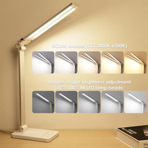 LED Desk Lamp, Dual Head Desk Light, 5 Levels Dimmable & 3 Color Modes Eye-Caring Table Light with USB Charging Port, Table Lamp for Reading, Studying, Home Office,White - color: White1