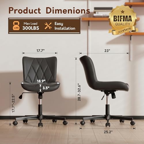 Armless Desk Chair, Morden Home Office Chair no Arms, Adjustable Height & Rocking Computer Chair, PU Leather Vanity Chair, Ergonomic Seat Soft Padded Desk Chairs for Home Small Space, Black - color: Black