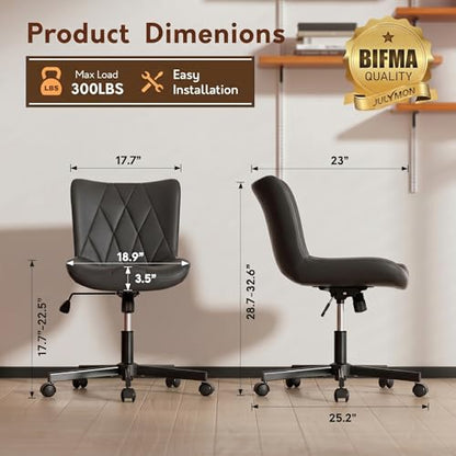 Armless Desk Chair, Morden Home Office Chair no Arms, Adjustable Height & Rocking Computer Chair, PU Leather Vanity Chair, Ergonomic Seat Soft Padded Desk Chairs for Home Small Space, Black - color: Black