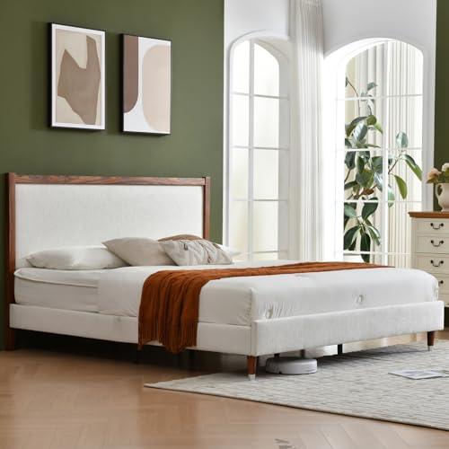 YUHUASHI King Upholstered Platform Bed Frame with Solid Wood Trim Headboard, Linen Fabric Upholstery, Sturdy Slat Support No Box Spring Needed, Easy Assembly (Cream, King (U.S. Standard)) - color: Cream, size: King (U.S. Standard)