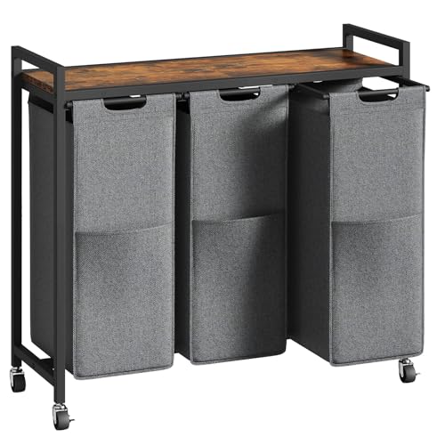 HOOBRO Laundry Sorter 3 Section, Laundry Hamper with Wheels, 3 × 11.5 Gal (43.4L), Rolling Laundry Basket, Pull-Out and Removable Oxford Fabric Laundry Bags, Rustic Brown and Grey BFG76XY01 - color: Rustic Brown + Gray