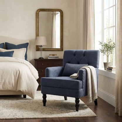HUIMO Accent Chair, Tufted Upholstered Club Chair, Indigo Blue | Tufted upholstered club chair with lumbar pillow and solid wood legs. Suitable for living rooms, bedrooms, and reading nooks. - color: Blue