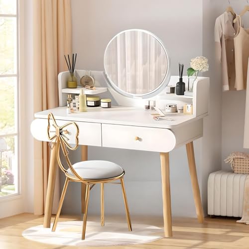 Makeup Vanity Table Set with Mirror, 2 Drawers, 2 Shelves, White | Medium Density Fiberboard, Modern Design, 31.5"L x 15.7"W x 47.2"H, No Stool Included - color: White