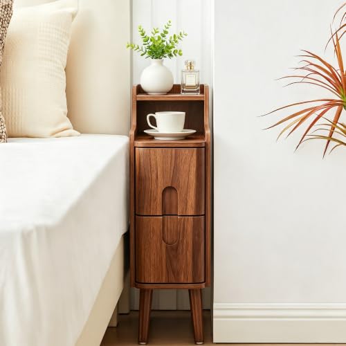 FurSch Narrow Nightstand, Wooden 2 Drawer, Walnut, 1 pc - color: Walnut 3-1 Pc