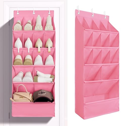 1 Pack Over-the-Door-Shoe-Organizers, Hanging Shoe Organizer Large Pocket | Shoe Holder Hanging Shoe Rack for Closet Shoe Organizer for Wall, Over Door Organizer with 15 Pockets for Boot, Sneaker, Pink - color: PINK, size: 18+ Pairs