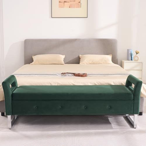 Chifee & Vingol Storage Bench with Armrests, 67.91 Inch Velvet End of Bed Bench Upholstered Storage Ottoman for Bedroom, Livingroom, Entryway - Green - color: 68"-green