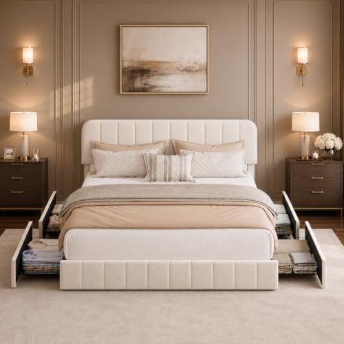 Garvee Queen Size Velvet Bed Frame with 4 Drawers, Adjustable Headboard | Upholstered Platform Bed with Vertical Channel Tufted Design, Noise Free Bed Frame, No Box Spring Needed, Easy Assembly - color: Beige