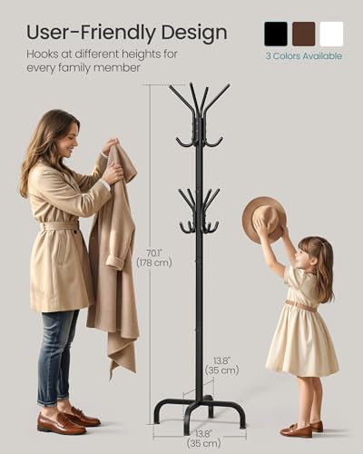 SONGMICS Coat Rack Freestanding with 16 Hooks, Metal Coat Tree Stand with 4 Adjustable Feet, Clothes Hanger Stand for Entryway Bedroom Living Room Hallway Office, Ink Black URCR083BH01S - color: Black, style: 16 hooks
