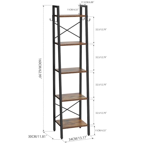 YMYNY 5 Tiers Ladder Bookcase, Industrial Narrow Bookshelf, Open Display Rack with 4 S Hooks, Metal Storage Shelves for Bedroom, Home Office, Living Room, Rustic Brown, 63H*13.4L*11.8W, UHBC025H - color: Rustic Brown, size: 5 Tiers