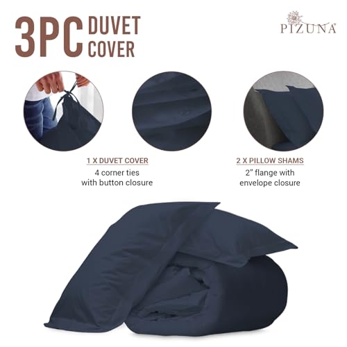 Pizuna 100% Cotton Queen Duvet Cover Set 400 Thread Count Dark Blue | Long Staple Combed Cotton Sateen Weave 3 Piece Luxurious Cool Queen Comforter Cover with Hidden Button Closure - color: 14 Dark Blue, size: Queen