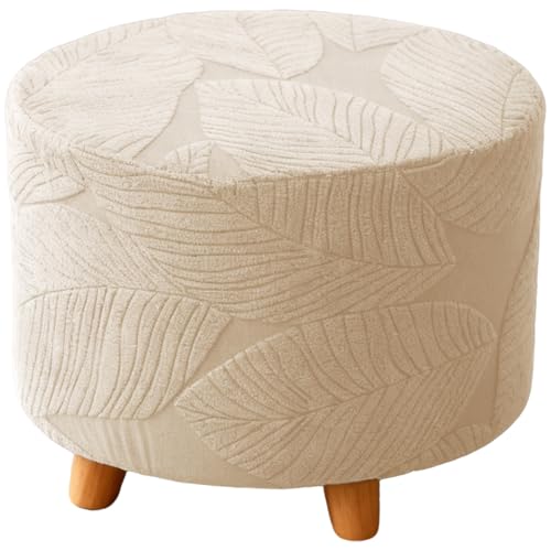 Round Ottoman Cover Stretch Round Ottoman Storage Slipcover Leaves Jacquard Folding Footrest Stool Furniture Protector Cover with Elastic Bottom for Living Room Set of 1 Beige - color: Beige, size: 16.5"D x 16.5"W x 13.7"H