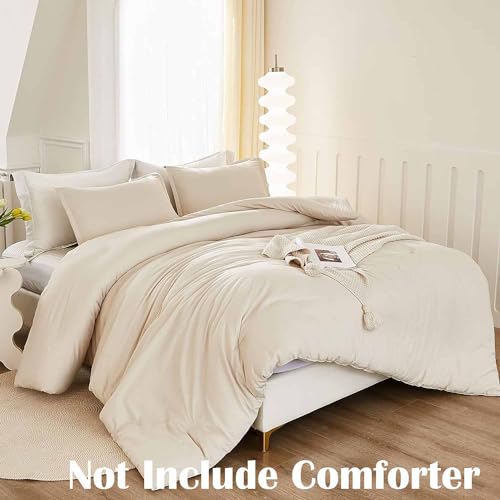Nanko Beige Duvet Cover Set Queen Size, 3 Pcs - Luxury Soft Microfiber Down Comforter Bedding Cover with Zip, Ties - Neutral Solid Color Modern Style Bed Sets for Women and Men, 90 x 90 inch Cream - color: Beige, size: Queen