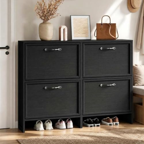 Garvee Shoe Cabinet with 4 Flip Drawers, Narrow Shoe Storage Cabinet with Adjustable Shelf, Hidden Shoes Rack with Anti-Tipping Kit, Freestanding Shoes Rack for Entryway Hallway, Embossed Black - color: Black, size: 4 Drawers