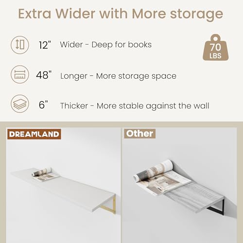 Dreamland Wall Mounted Floating Shelves Set of 2, 36x12, White&Gold | Engineered Wood, Visible Bracket, Large Storage, Hold Up to 60lbs, Living Room, Bathroom, Bedroom, Kitchen - color: White&gold, size: 48"W x 12"D