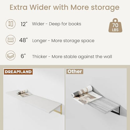 Dreamland Wall Mounted Floating Shelves Set of 2, 36x12, White&Gold | Engineered Wood, Visible Bracket, Large Storage, Hold Up to 60lbs, Living Room, Bathroom, Bedroom, Kitchen - color: White&gold, size: 48"W x 12"D