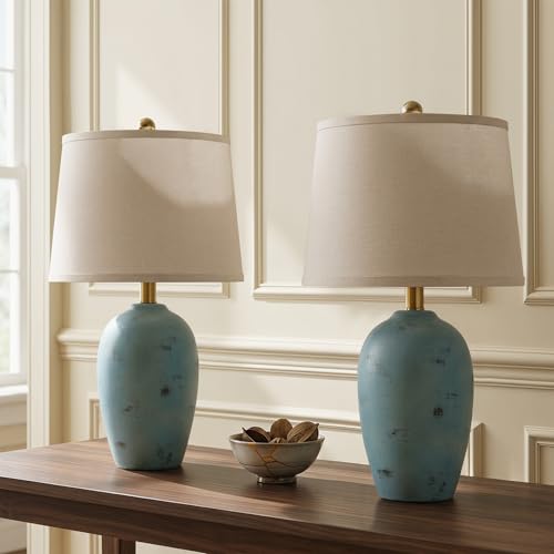 AIEAMPDO 21'' Set of 2 Coastal Small Ceramic Lamps for Bedroom | Traditional Nightstand Bedside Desk Table Lamp for Living Room Office Dorm, 2 Bulbs Included - color: Light Blue