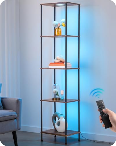 EDISHINE RGBW Floor Lamp with 5-Tier Display Shelves, Remote Control | 2700K–6500K, 3 Lighting Modes, Farmhouse Fire-Burned Wood for Living Room, Bedroom, Office - color: Burnt wood