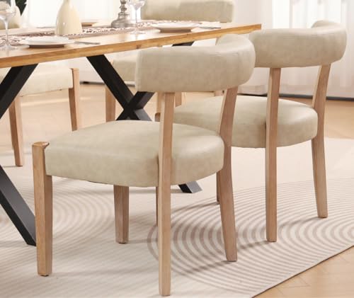 RNKSFX Modern Dining Chairs Set of 2, Faux Leather Upholstered Kitchen & Dining Room Chairs, Mid Century Modern Wooden Dining Chairs Oversized Sturdy Rounded Chairs Curved Back, Beige - color: Beige