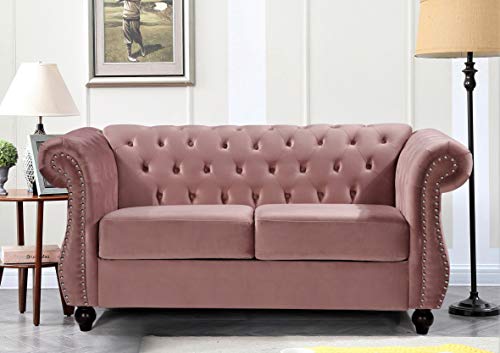 GDFStudio 82.6" Velvet Sofa Set, Modern Living Room Couch Set, Upholstered Sofa Loveseat Chair Set, Chesterfield with Button Tufted Back Rolled Arms Wood Tapered Feet for Apartment Living Room, Rose - color: Rose, size: 3+2+1 Seat