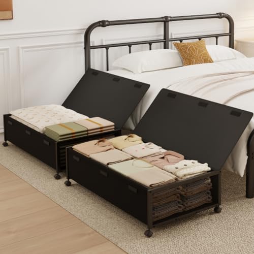 Fokyfok 2Pack Under Bed Storage Containers, 10 inch Height,31 inch Long | Under Bed Shoe Storage,Underbed Storage with Wheels,Large Rolling under bed Clothes Storage Drawers,Lid,Dorm Tall,Black - color: Black, size: 2PC (31"Lx17"Wx10"H)