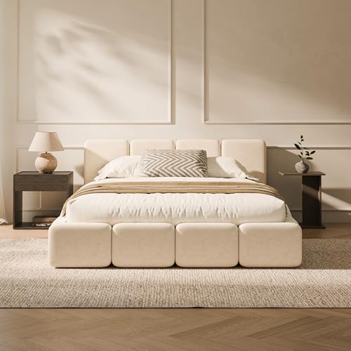 RECCI Queen Upholstered Platform Bed Frame with Plush Cloud Design | Cloud-Inspired Design, Upholstered Headboard & Footboard, Grounded Low Profile Design, Easy Assembly, No Box Spring Required - size: Queen