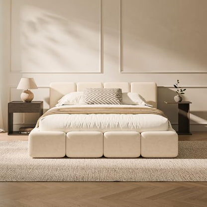 RECCI Queen Upholstered Platform Bed Frame with Plush Cloud Design | Cloud-Inspired Design, Upholstered Headboard & Footboard, Grounded Low Profile Design, Easy Assembly, No Box Spring Required - size: Queen