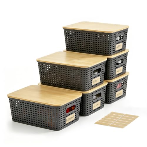 Small Plastic Storage Bins with Bamboo Lids 5.2qt Stackable Box Basket Pantry Decorative Containers Cute with Lable for Organizing Desktop Closet Office Gray of 6 packs 10 * 7.2 * 4.1" - color: Gray, size: Small- 6 Pack