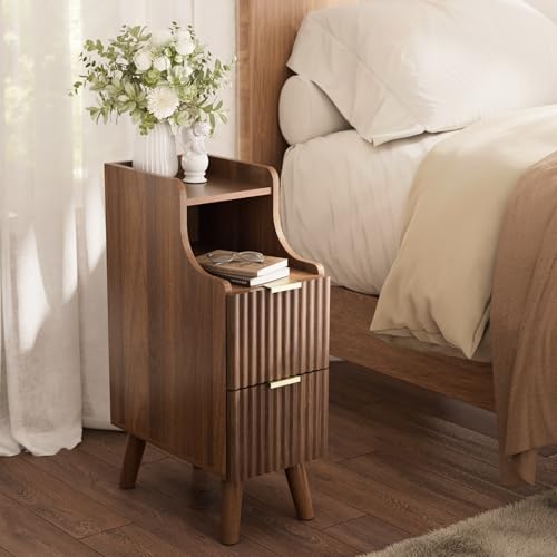 EAG Fluted Narrow Nightstand, Skinny Bedside Table with 2 Drawers, Walnut | Wooden Small End Table for Small Spaces, Mid Century Modern Night Stand, Slim End Table for Bedroom - color: Walnut, size: 8" W