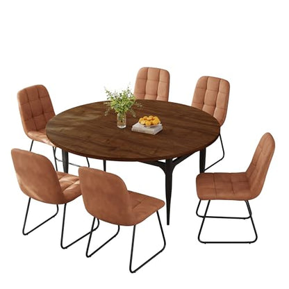 HIPIHOM Expandable Folding Dining Table Set, 55-Inch Round to Square Table with 6 Upholstered Chairs, Metal Frame, for Dining Room or Apartment (Round Table + 6 Brown Chairs) - color: Round Table + 6 Brown Chairs