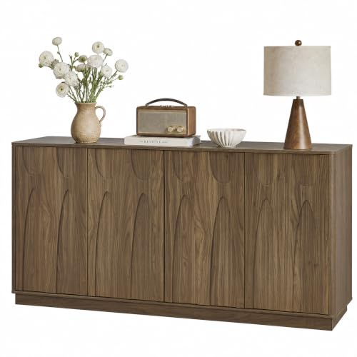 64" Sideboard Buffet Cabinet with Storage, 4 Doors Modern Storage Sideboard Cabinet with Adjustable Shelf Mid Century Accent Sideboard Large Credenza for Living Room Kitchen, Light Walnut - color: Light Walnut, size: 4 Door-1PC