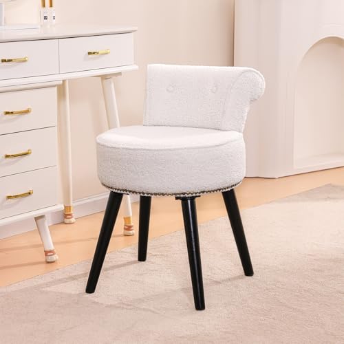 Vanity Chair with Back, Sherpa Stool with Tufted Low Backrest & Gold Nailhead Trim, Round Vanity Seat for Bedroom and Bathroom Makeup, Support 220lbs, Easy Assembly (Teddy White) - color: Sherpa White