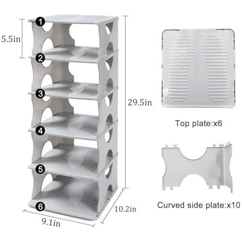 6-Tier Shoe Rack, Stackable Storage Organizer for Bedroom Entry, Adjustable Rack, Shoe Slots Shelf, Easy Tower Rack, Grey - color: Grey