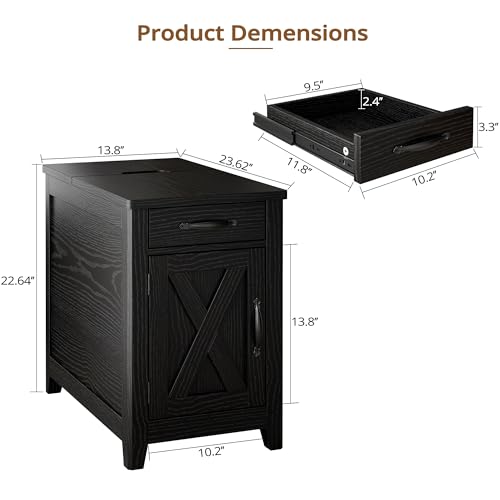 IRONCK End Table with Charging Station, Narrow Side Table, Black | Bedside table. Farmhouse nightstand with drawer, cabinet, flip-top, and cup holder, wood grain, for home - color: Black