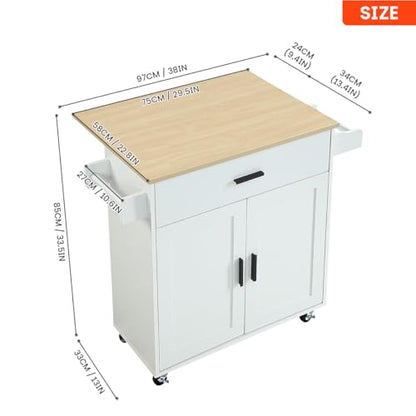 Kitchen Island with Storage, Rolling Kitchen Island on Wheels with Scalable,Open Spice Rack Shelf, Door Cabinet，Kitchen Cart Island Table for Kitchen, White