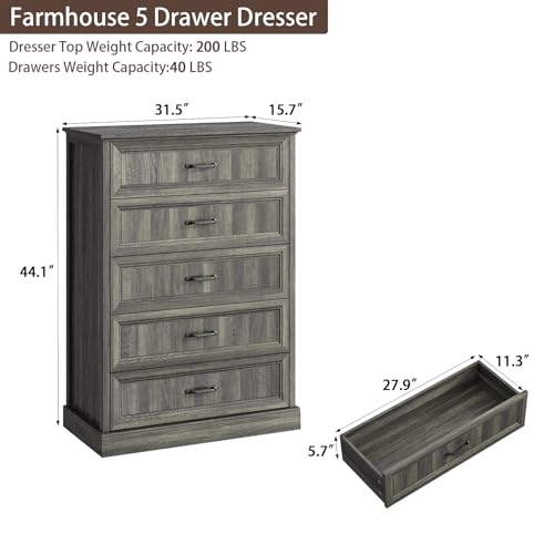 CARPETNAL Farmhouse 5 Drawer Dresser for Bedroom, 44" Tall White Dresser. | Wood Rustic Chest of Drawers with Wide Metal Handle,Drawer Organizer for Bedroom,Living Room,Hallway and Entryway - color: Grey, size: 16"D x 44"W x 31"H (5 Drawers)