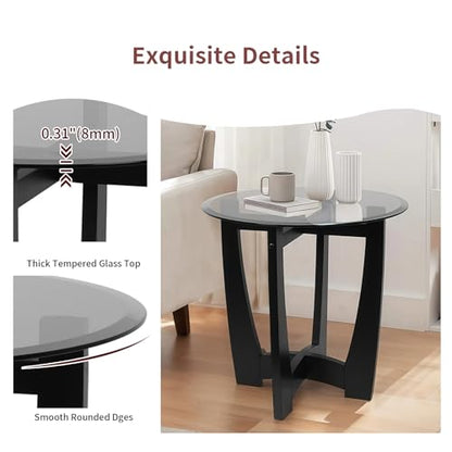 Glass End Table, 23.5" Round Side Tables with Black Tempered Glass Top Cross and Solid Wood Base Small Night Stand for Living Room Office Apartment Black - color: D-3, size: Round