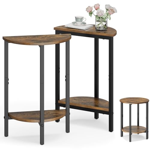 Side Table, Small Round End Table, Set of 2 Half Round Side Table for Living Room, 2 Tier Small Couch Side Tables, Round Coffee Table, Thin Accent Sofa Table Narrow Entryway Table, Brown - color: Rustic Brown