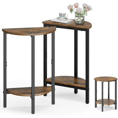 Side Table, Small Round End Table, Set of 2 Half Round Side Table for Living Room, 2 Tier Small Couch Side Tables, Round Coffee Table, Thin Accent Sofa Table Narrow Entryway Table, Brown - color: Rustic Brown