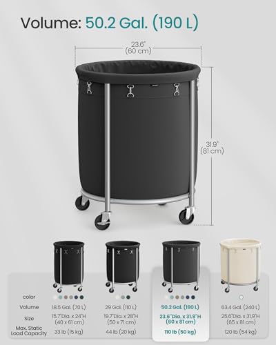 SONGMICS Laundry Basket, Rolling Steel Frame with 2 Locking Wheels, 190 L | Heavy-Duty Laundry Hamper Cart with Removable Bag, Ink Black and Metallic Silver, URLS001B01 - color: Ink Black + Metallic Silver, size: 190 L (1-Section)